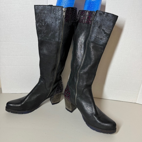Anthropologie Felmini Black Leather Block Heel Red Detail Tall Boots Size 39 - Picture 9 of 16